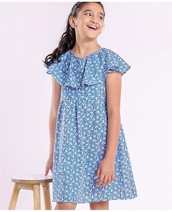 Pine Kids Flutter Sleeves Frock With Cotton Lining Printed- Blue
