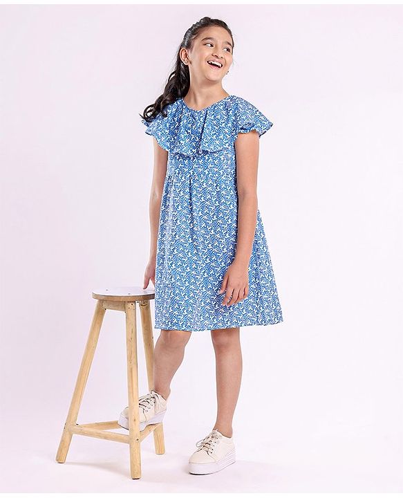 Pine Kids Flutter Sleeves Frock With Cotton Lining Printed- Blue