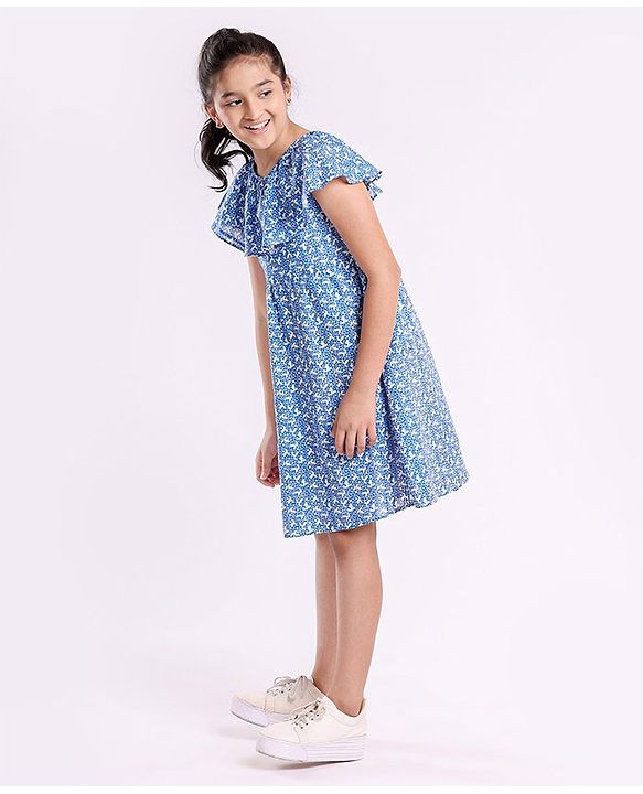 Pine Kids Flutter Sleeves Frock With Cotton Lining Printed- Blue