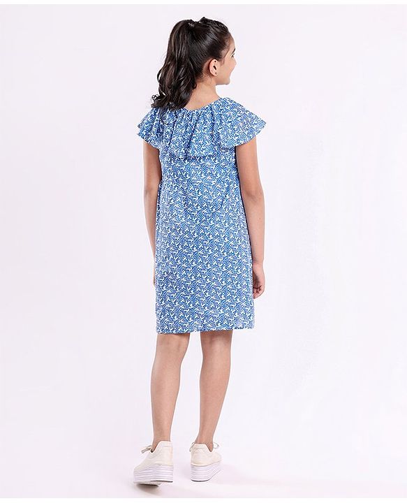 Pine Kids Flutter Sleeves Frock With Cotton Lining Printed- Blue