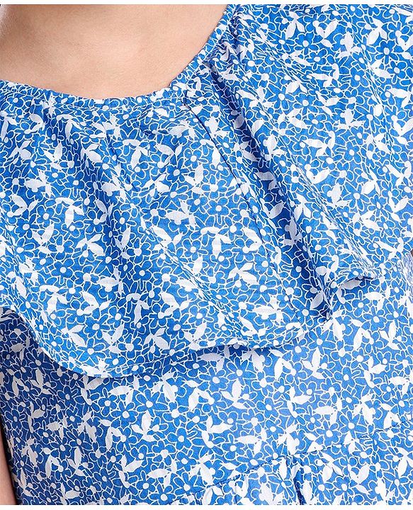 Pine Kids Flutter Sleeves Frock With Cotton Lining Printed- Blue
