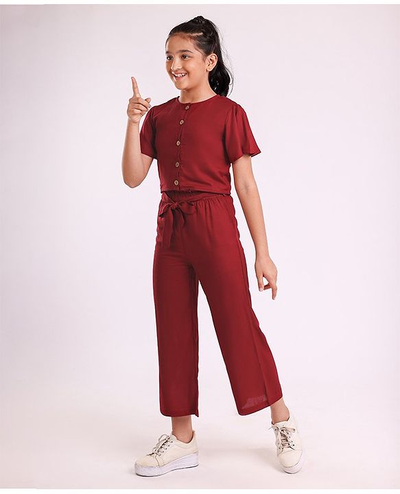 Pine Kids Half Sleeves Top & Palazzo Solid Summer Set - Maroon
