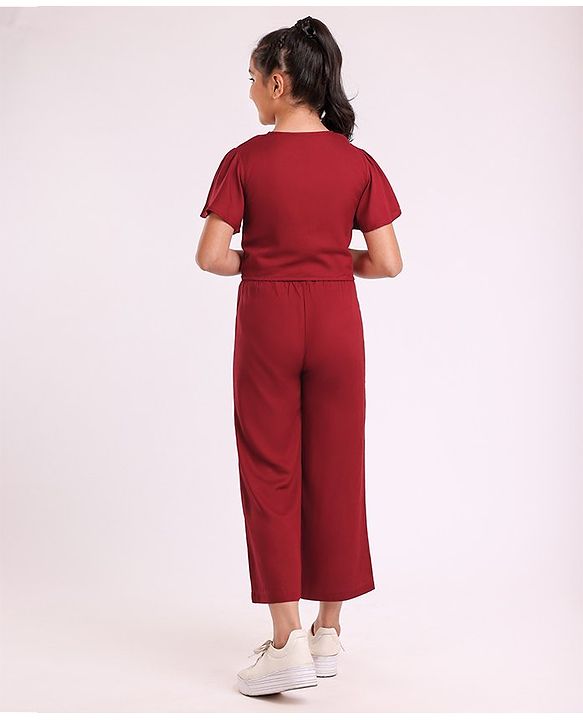 Pine Kids Half Sleeves Top & Palazzo Solid Summer Set - Maroon