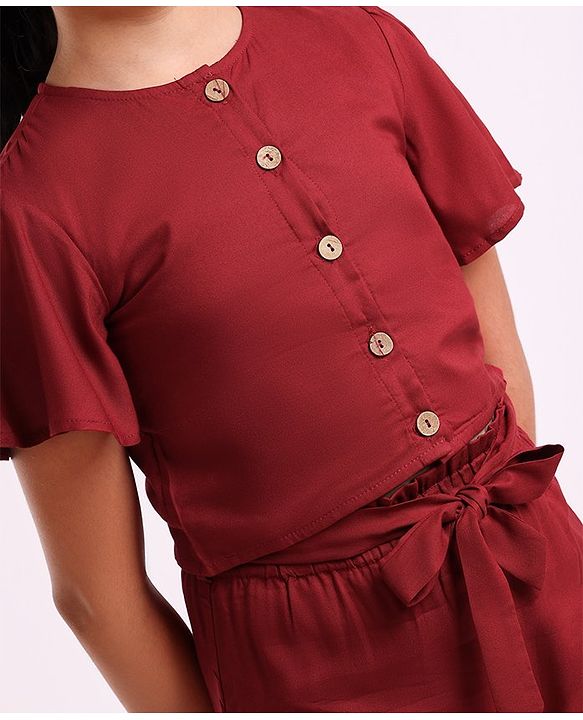 Pine Kids Half Sleeves Top & Palazzo Solid Summer Set - Maroon