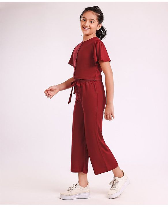 Pine Kids Half Sleeves Top & Palazzo Solid Summer Set - Maroon