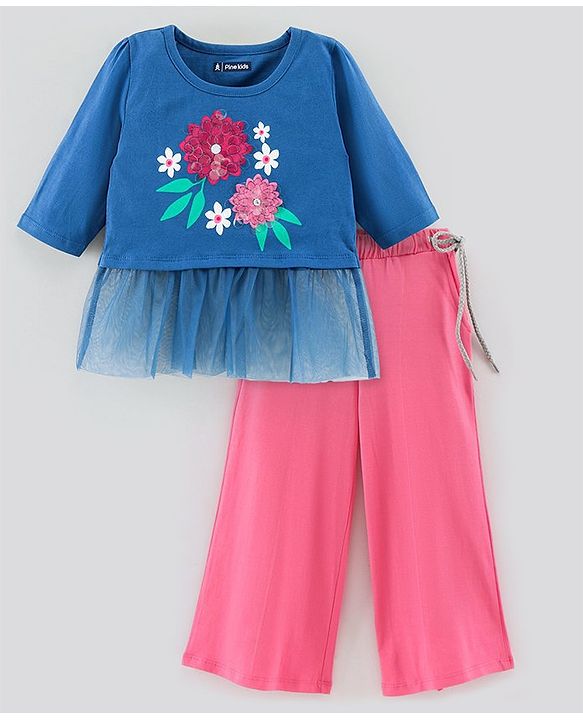 Pine Kids Biowashed Full Sleeves Top & Palazzos Set Floral Print & Sequins Applique - Pink Blue