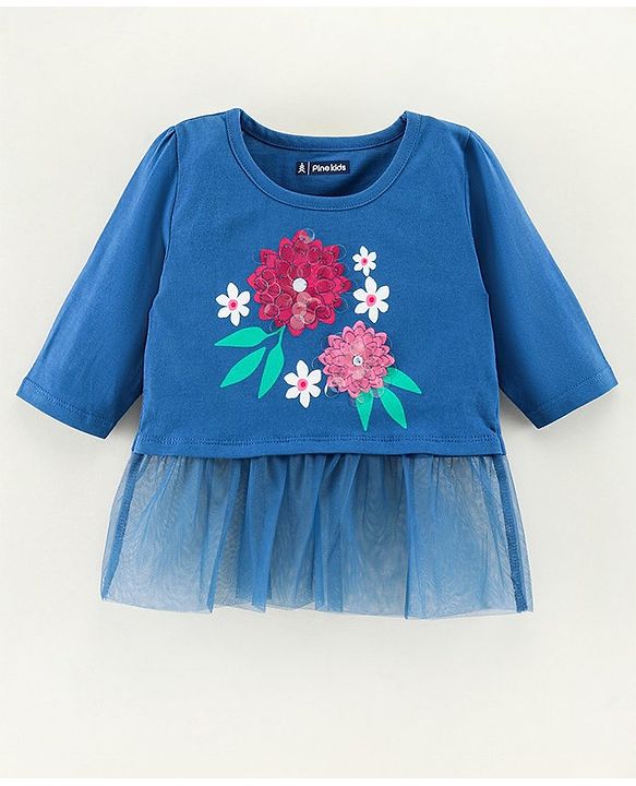 Pine Kids Biowashed Full Sleeves Top & Palazzos Set Floral Print & Sequins Applique - Pink Blue