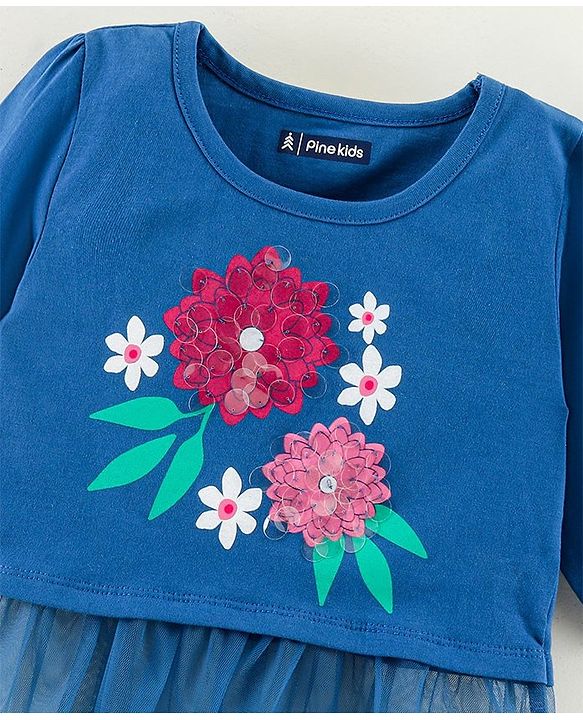 Pine Kids Biowashed Full Sleeves Top & Palazzos Set Floral Print & Sequins Applique - Pink Blue