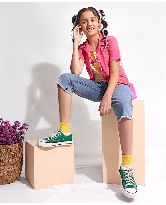 Pine Kids Cotton Half Sleeves T-Shirt With Slip - Pink Yellow