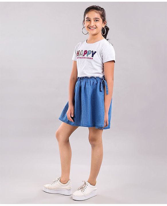 Pine Kids Half Sleeves Frock Happy Embellished - Blue Grey