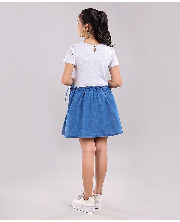 Pine Kids Half Sleeves Frock Happy Embellished - Blue Grey