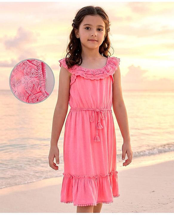 Pine Kids Sleeveless Above Knee Length Frock - Pink