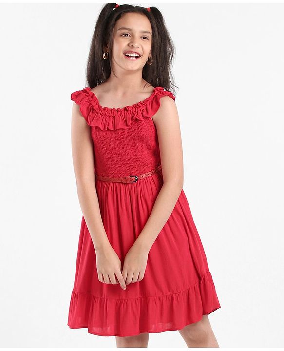 Pine Kids Sleeveless Solid Color Frock - Red