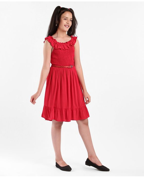 Pine Kids Sleeveless Solid Color Frock - Red