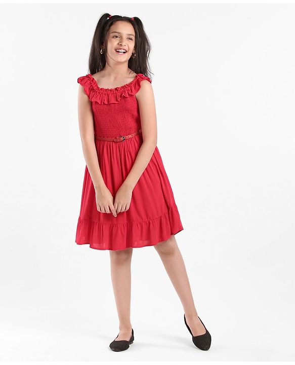 Pine Kids Sleeveless Solid Color Frock - Red
