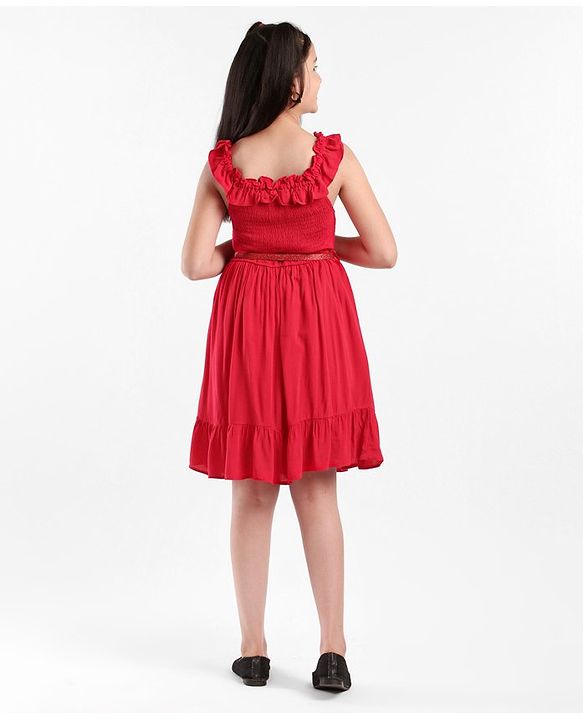 Pine Kids Sleeveless Solid Color Frock - Red