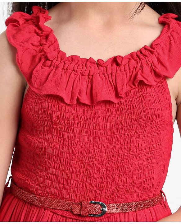 Pine Kids Sleeveless Solid Color Frock - Red