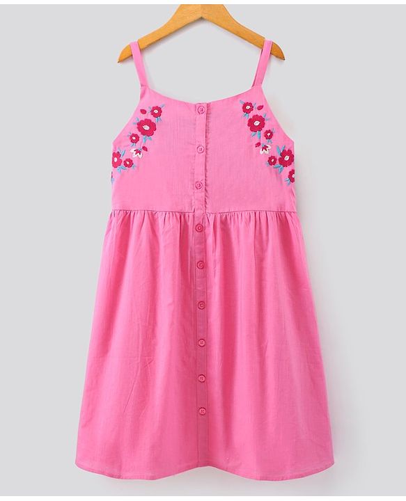 Pine Kids Sleeveless Floral Embroidered Frock - Pink
