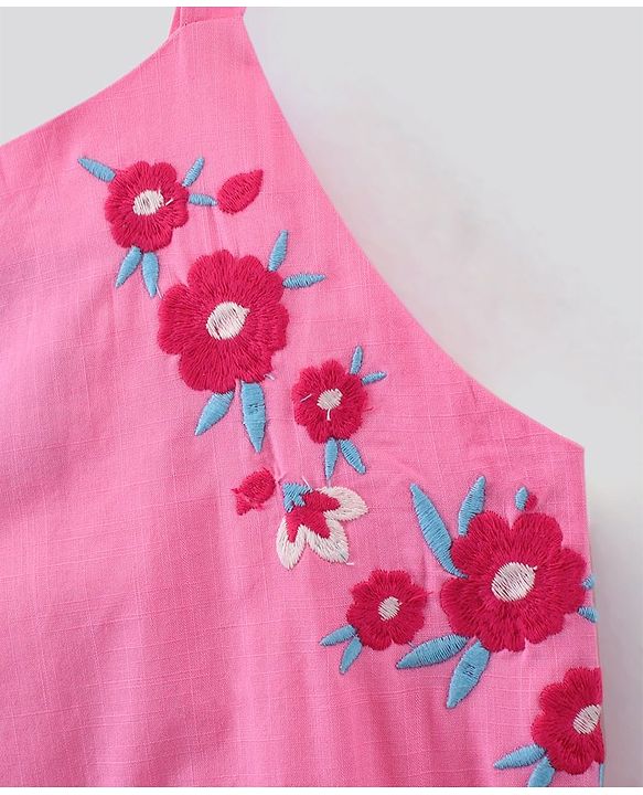 Pine Kids Sleeveless Floral Embroidered Frock - Pink