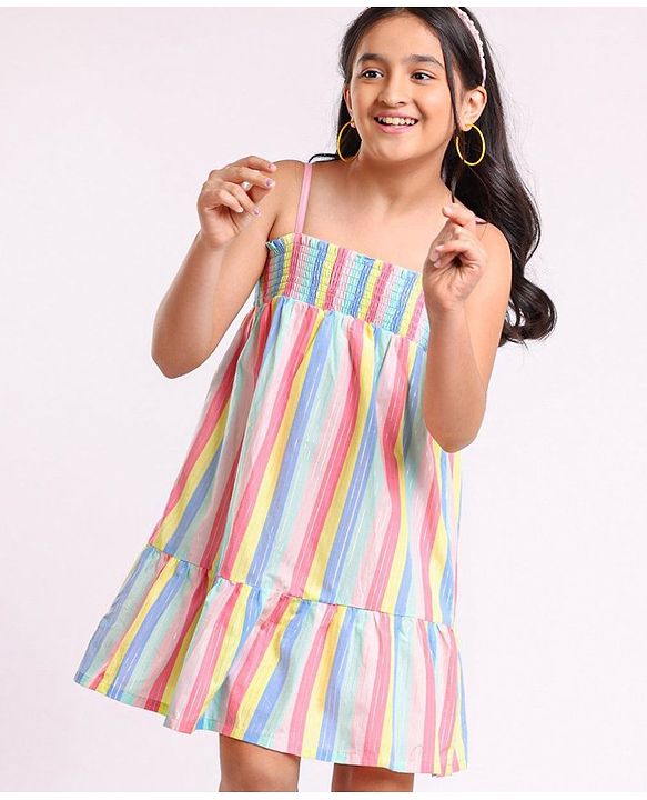 Pine Kids Singlet Sleeves Striped Frock - Multicolour