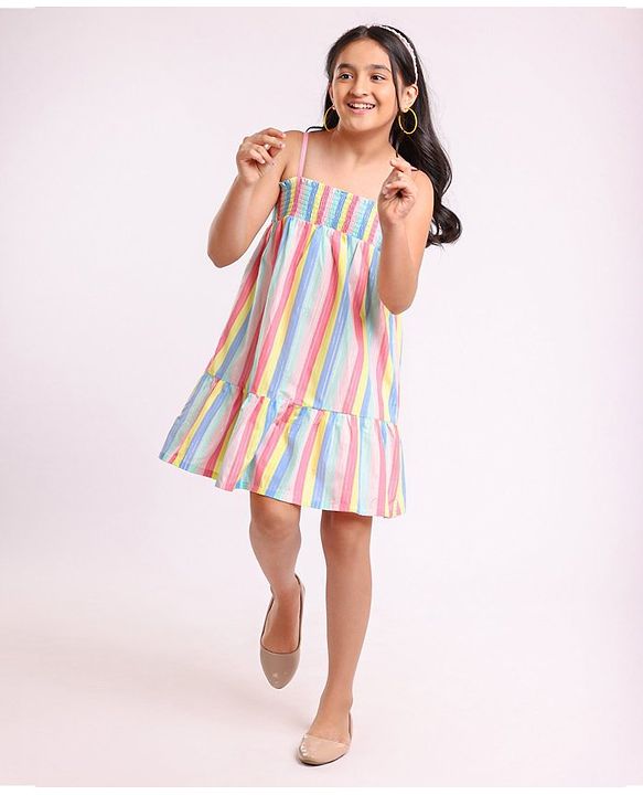 Pine Kids Singlet Sleeves Striped Frock - Multicolour