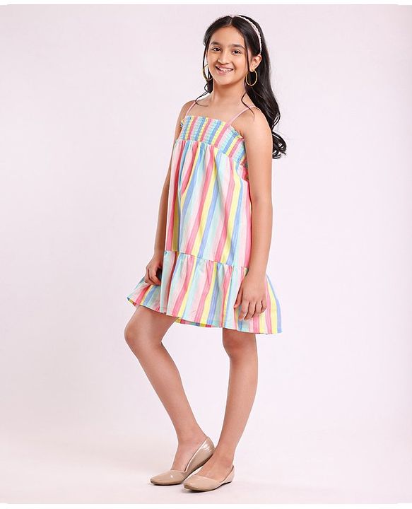 Pine Kids Singlet Sleeves Striped Frock - Multicolour