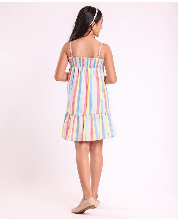 Pine Kids Singlet Sleeves Striped Frock - Multicolour