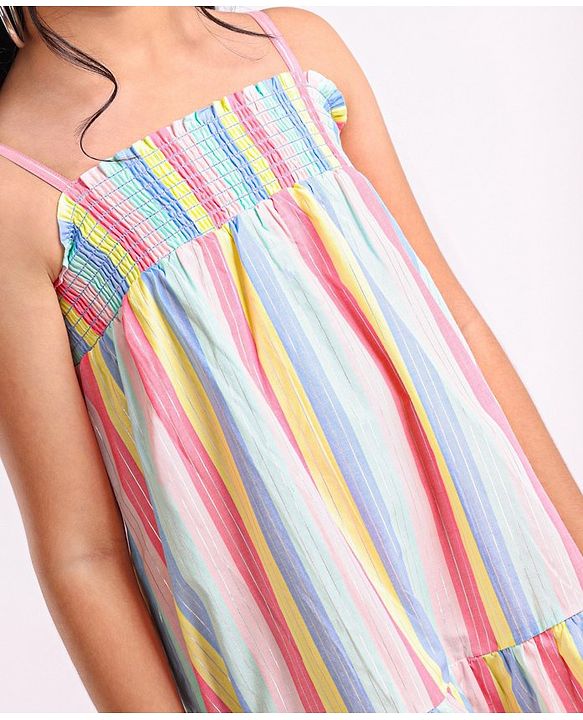 Pine Kids Singlet Sleeves Striped Frock - Multicolour