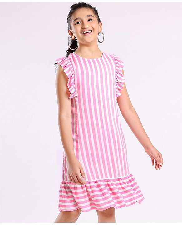 Pine Kids Ruffle Sleeves Striped Frock - Pink