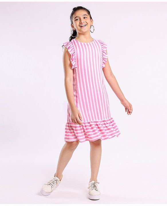 Pine Kids Ruffle Sleeves Striped Frock - Pink