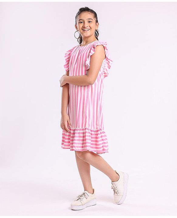 Pine Kids Ruffle Sleeves Striped Frock - Pink
