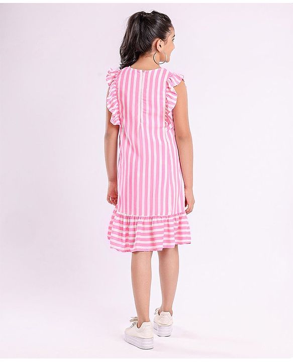 Pine Kids Ruffle Sleeves Striped Frock - Pink