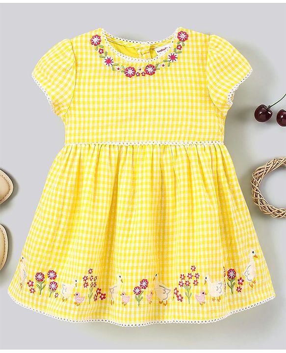 Babyhug 100% Cotton Checks Embroidered Short Sleeves Frock - Yellow