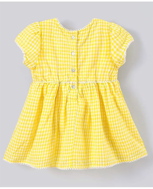 Babyhug 100% Cotton Checks Embroidered Short Sleeves Frock - Yellow