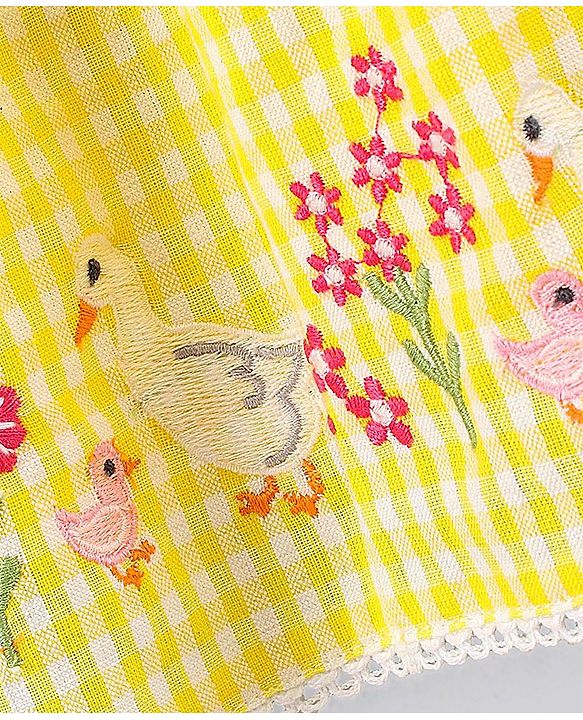 Babyhug 100% Cotton Checks Embroidered Short Sleeves Frock - Yellow