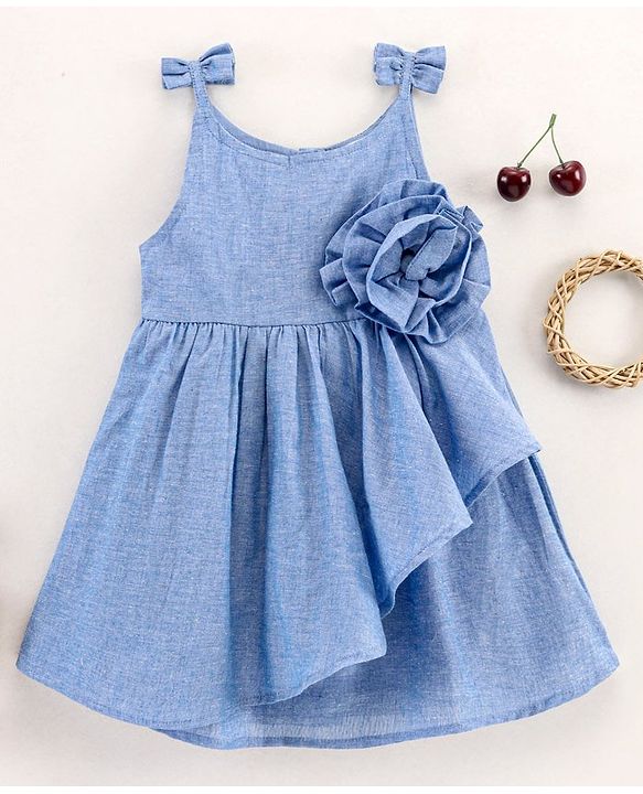 Babyhug Singlet Sleeves 100 % Cotton Yarn Dyed Chambray Overlap Frock - Blue