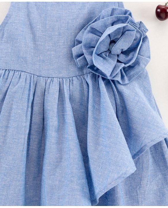 Babyhug Singlet Sleeves 100 % Cotton Yarn Dyed Chambray Overlap Frock - Blue