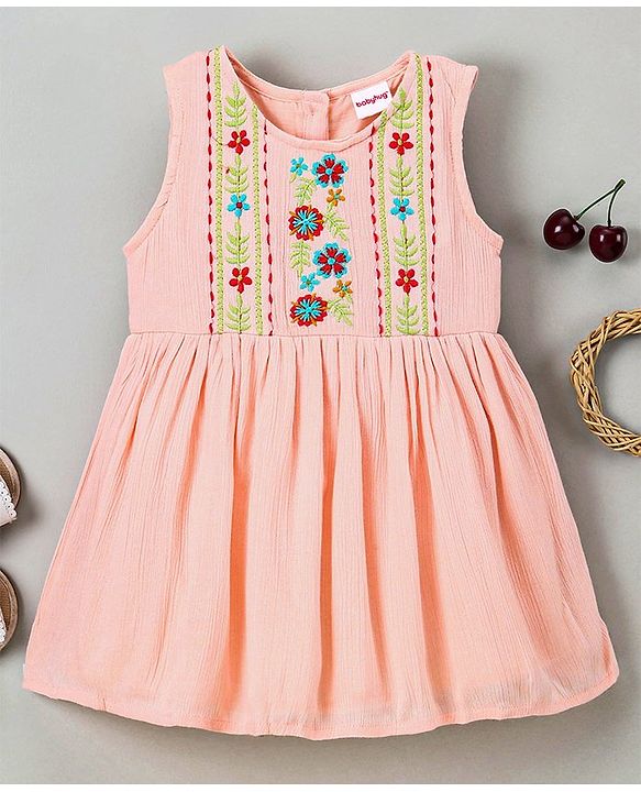 Babyhug Viscose Yoke Frocks Crepe Embroidered  - Peach