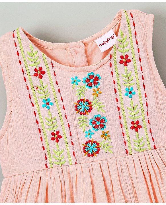 Babyhug Viscose Yoke Frocks Crepe Embroidered  - Peach