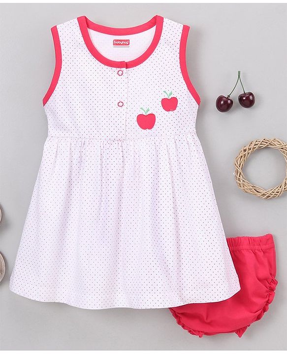 Babyhug 100% Cotton Sleeveless Frock With Bloomer Apple Patch - White Pink