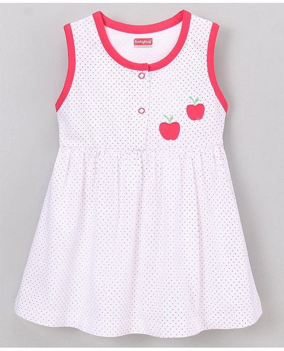 Babyhug 100% Cotton Sleeveless Frock With Bloomer Apple Patch - White Pink