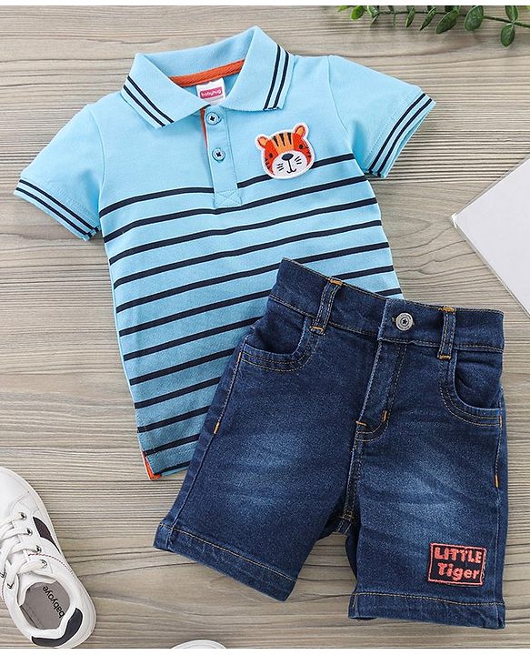 Babyhug Half Sleeves Striped Polo Tee and Shorts Set - Light Blue Dark Blue