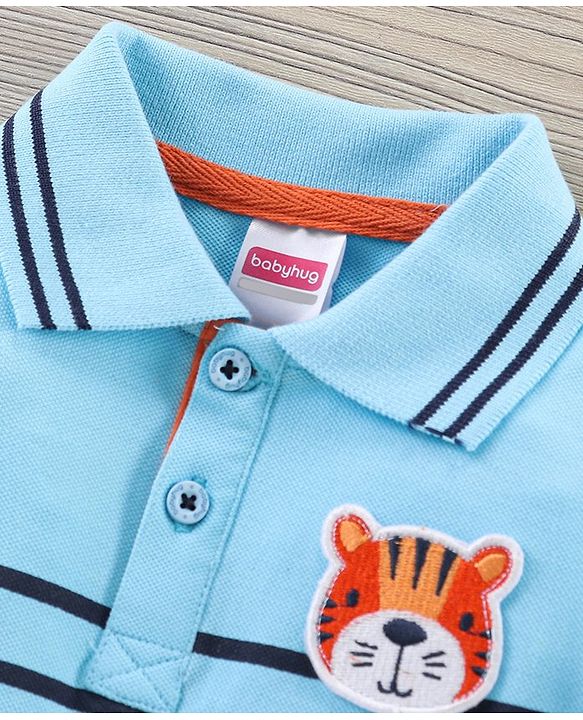 Babyhug Half Sleeves Striped Polo Tee and Shorts Set - Light Blue Dark Blue