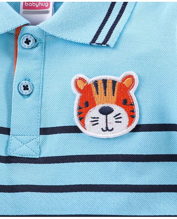 Babyhug Half Sleeves Striped Polo Tee and Shorts Set - Light Blue Dark Blue
