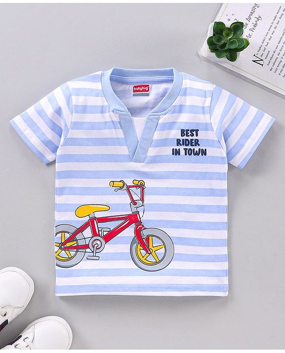 Babyhug Half Sleeves Stripe T-Shirt Cycle Print - Blue