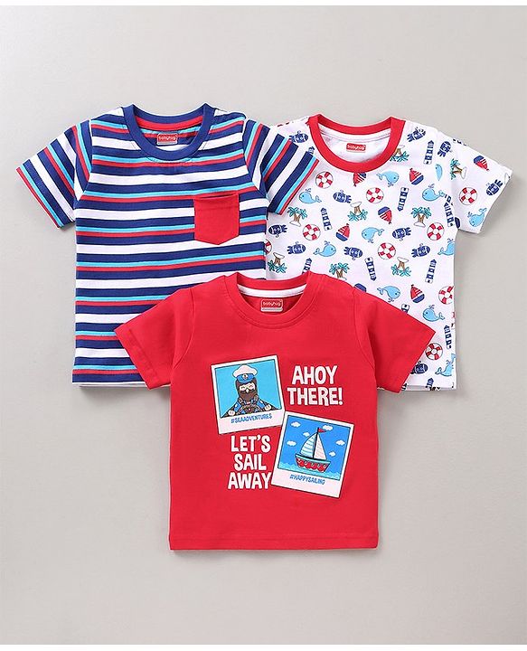 Babyhug Half Sleeves Cotton Printed and Striped T-shirts Set of 3 - Red White Blue