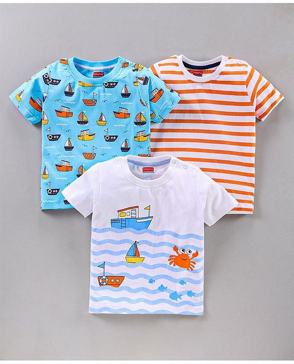 Babyhug Half Sleeves T-Shirts Boat Print Pack of 3 - Blue Orange White