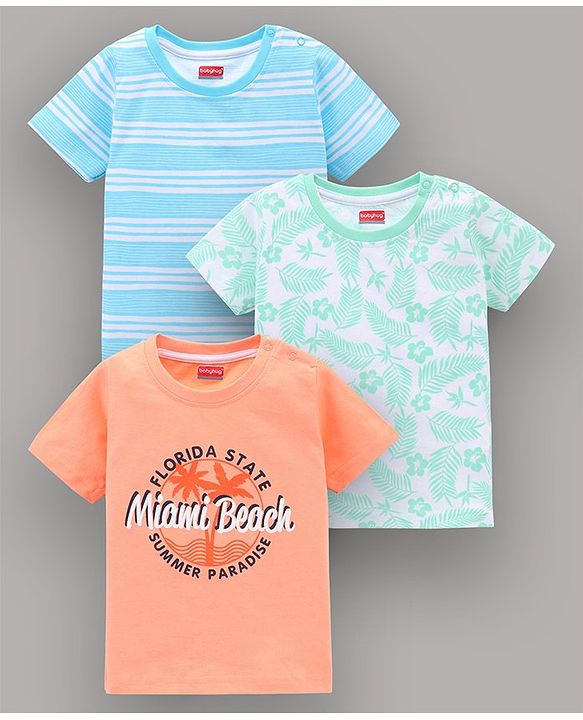 Babyhug Half Sleeves Striped Tees with Leaf Print - Blue Peach Green
