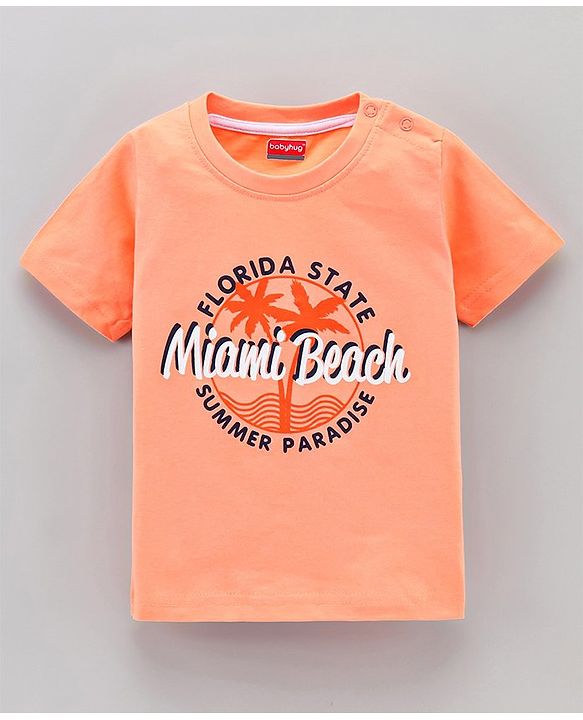 Babyhug Half Sleeves Striped Tees with Leaf Print - Blue Peach Green