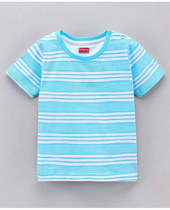 Babyhug Half Sleeves Striped Tees with Leaf Print - Blue Peach Green